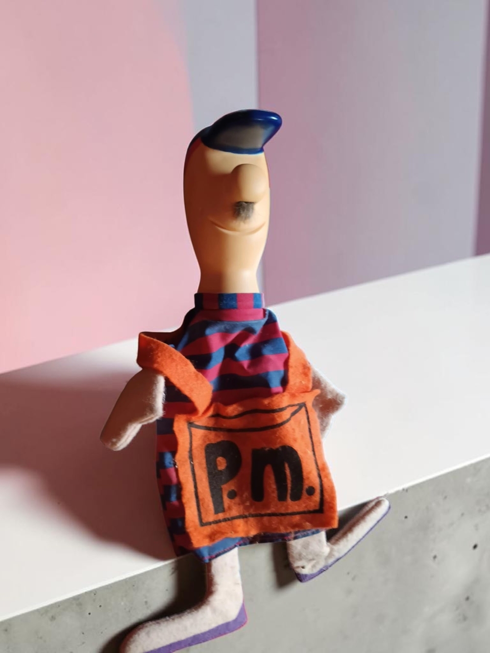 Vintage Plush Puppet with Orange PM Apron and Striped Shirt